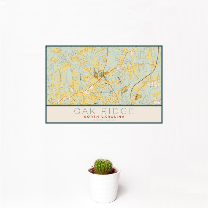 12x18 Oak Ridge North Carolina Map Print Landscape Orientation in Woodblock Style With Small Cactus Plant in White Planter