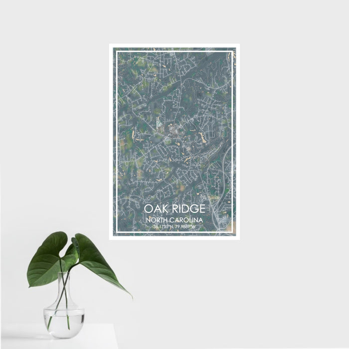 16x24 Oak Ridge North Carolina Map Print Portrait Orientation in Afternoon Style With Tropical Plant Leaves in Water
