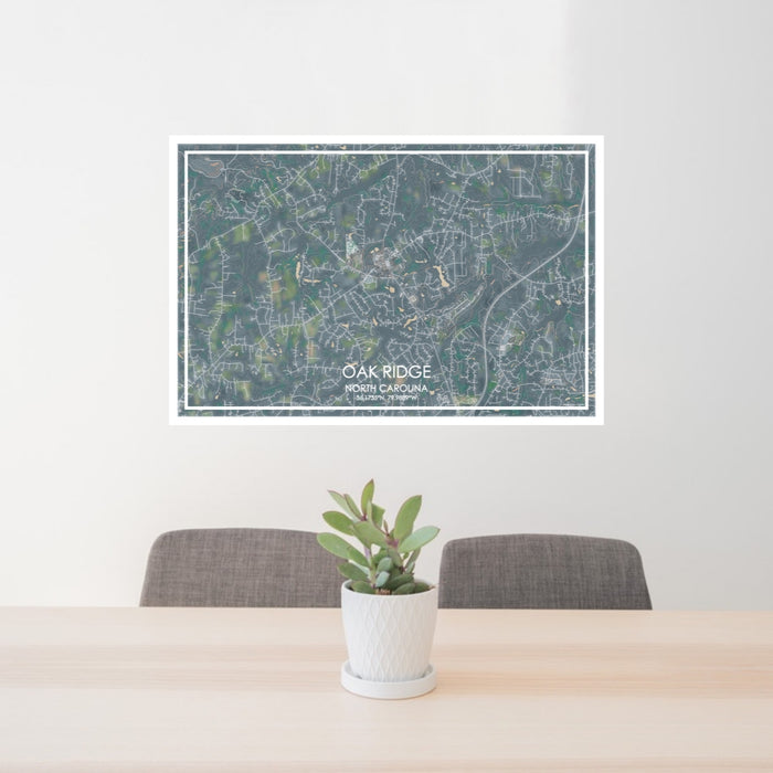 24x36 Oak Ridge North Carolina Map Print Lanscape Orientation in Afternoon Style Behind 2 Chairs Table and Potted Plant