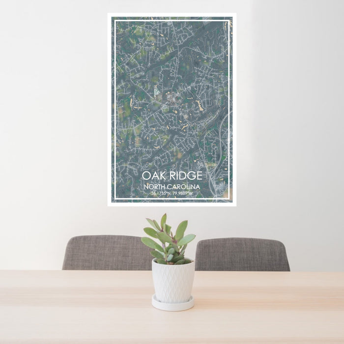 24x36 Oak Ridge North Carolina Map Print Portrait Orientation in Afternoon Style Behind 2 Chairs Table and Potted Plant