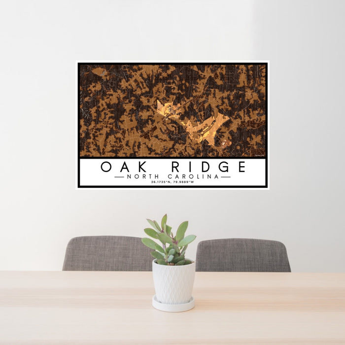 24x36 Oak Ridge North Carolina Map Print Lanscape Orientation in Ember Style Behind 2 Chairs Table and Potted Plant