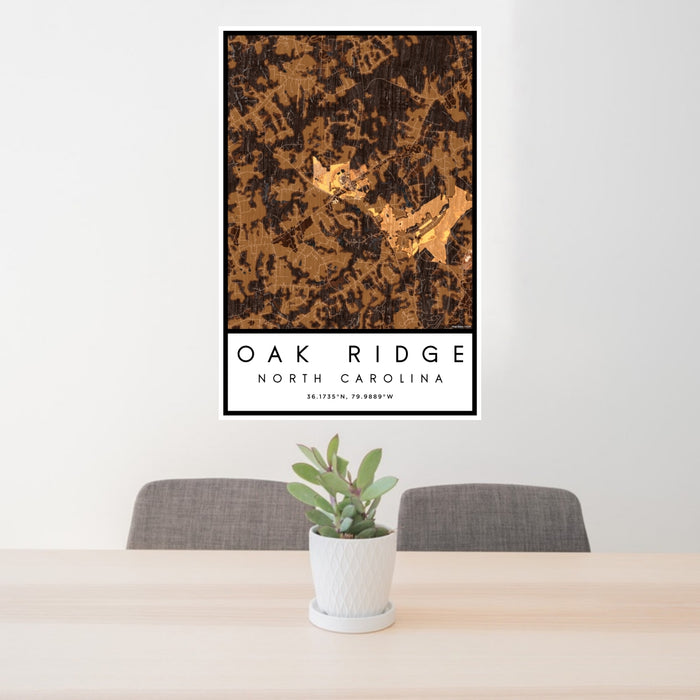 24x36 Oak Ridge North Carolina Map Print Portrait Orientation in Ember Style Behind 2 Chairs Table and Potted Plant