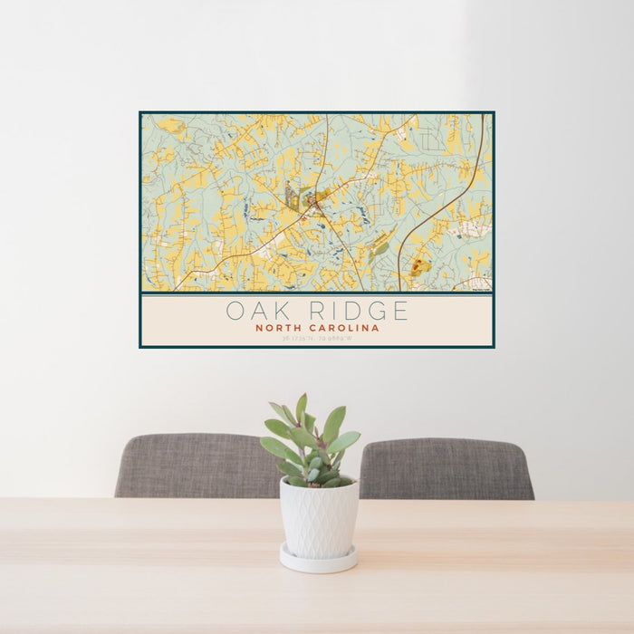 24x36 Oak Ridge North Carolina Map Print Lanscape Orientation in Woodblock Style Behind 2 Chairs Table and Potted Plant