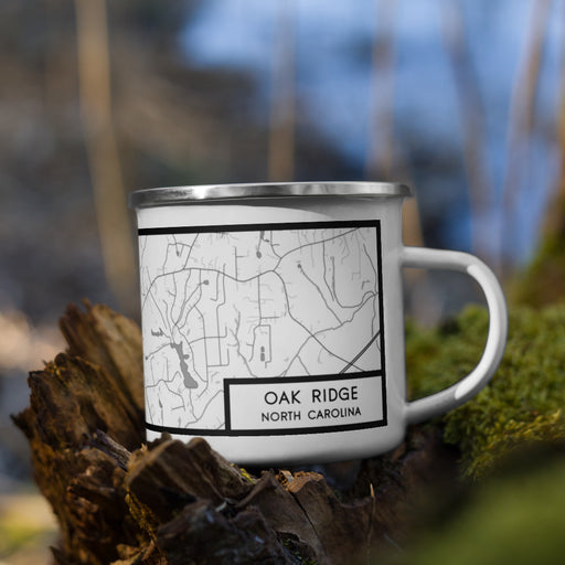 Right View Custom Oak Ridge North Carolina Map Enamel Mug in Classic on Grass With Trees in Background
