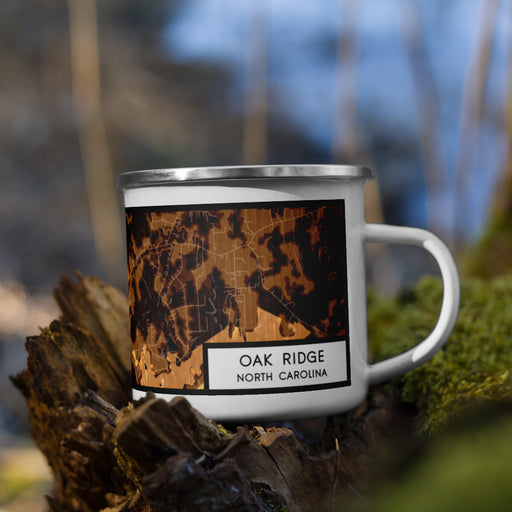 Right View Custom Oak Ridge North Carolina Map Enamel Mug in Ember on Grass With Trees in Background