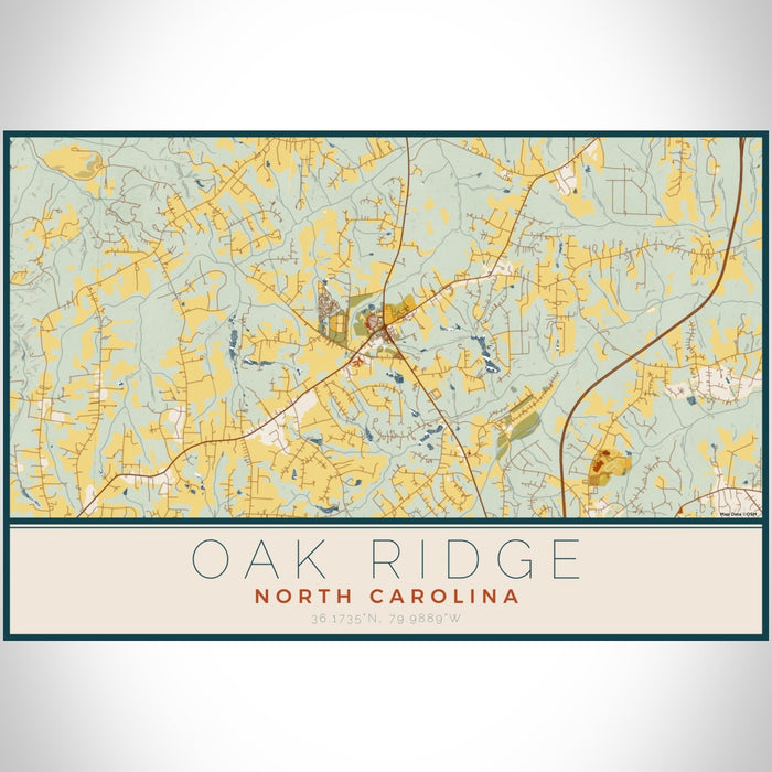 Oak Ridge North Carolina Map Print Landscape Orientation in Woodblock Style With Shaded Background