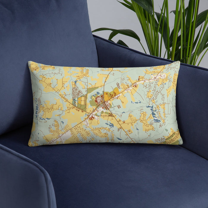 Custom Oak Ridge North Carolina Map Throw Pillow in Woodblock on Blue Colored Chair
