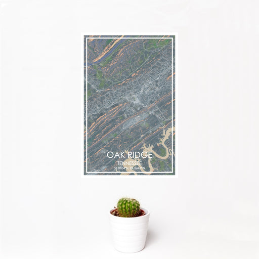 12x18 Oak Ridge Tennessee Map Print Portrait Orientation in Afternoon Style With Small Cactus Plant in White Planter