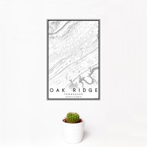 12x18 Oak Ridge Tennessee Map Print Portrait Orientation in Classic Style With Small Cactus Plant in White Planter