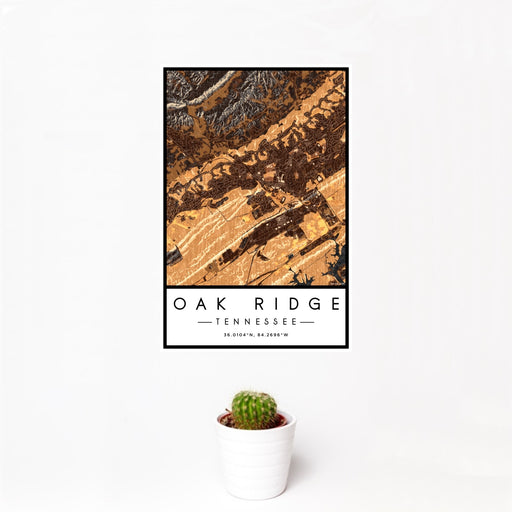 12x18 Oak Ridge Tennessee Map Print Portrait Orientation in Ember Style With Small Cactus Plant in White Planter