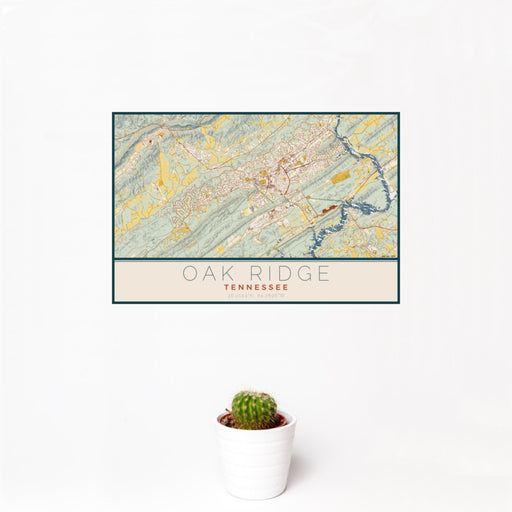 12x18 Oak Ridge Tennessee Map Print Landscape Orientation in Woodblock Style With Small Cactus Plant in White Planter