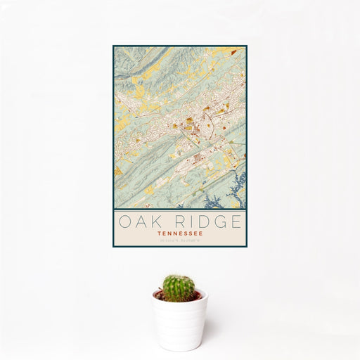 12x18 Oak Ridge Tennessee Map Print Portrait Orientation in Woodblock Style With Small Cactus Plant in White Planter