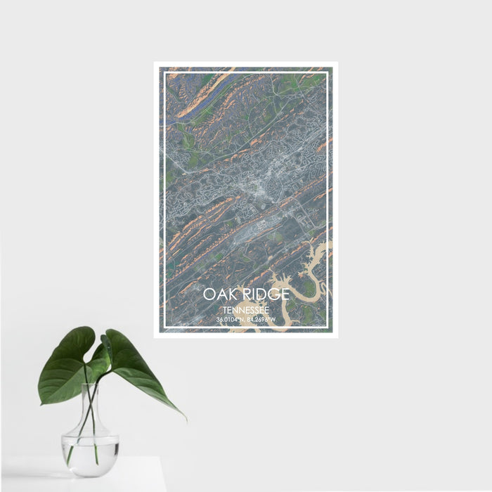 16x24 Oak Ridge Tennessee Map Print Portrait Orientation in Afternoon Style With Tropical Plant Leaves in Water
