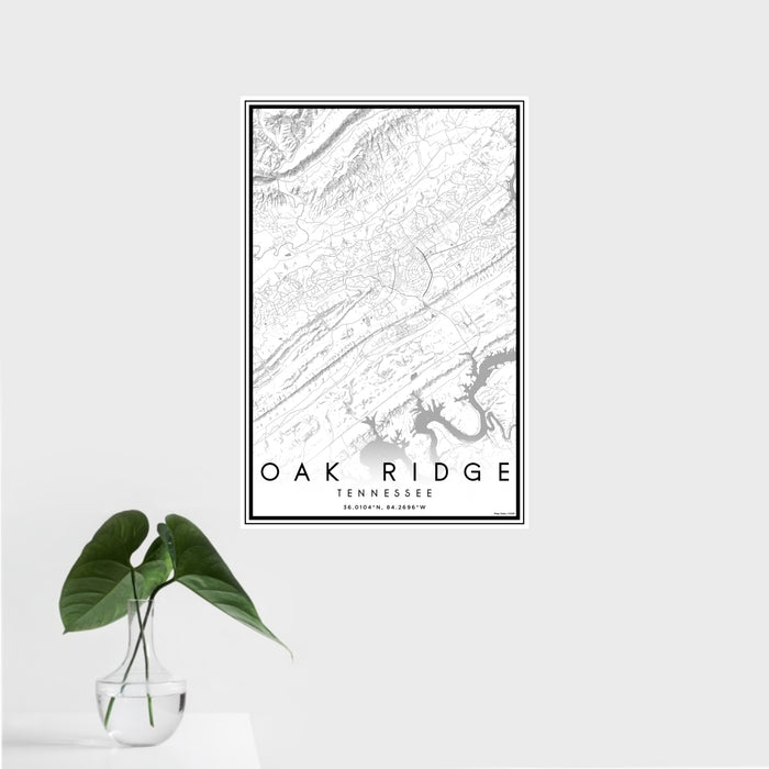 16x24 Oak Ridge Tennessee Map Print Portrait Orientation in Classic Style With Tropical Plant Leaves in Water