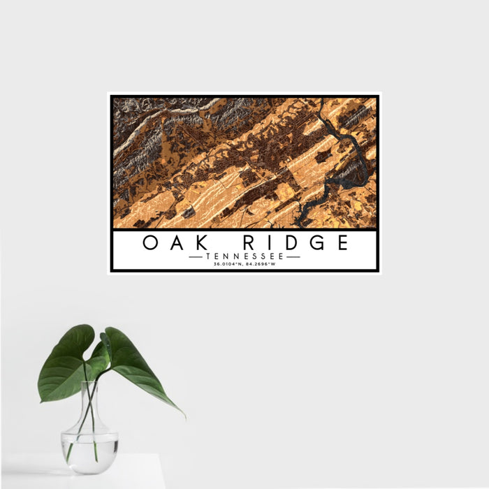 16x24 Oak Ridge Tennessee Map Print Landscape Orientation in Ember Style With Tropical Plant Leaves in Water