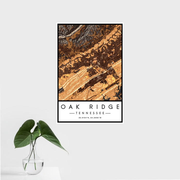 16x24 Oak Ridge Tennessee Map Print Portrait Orientation in Ember Style With Tropical Plant Leaves in Water