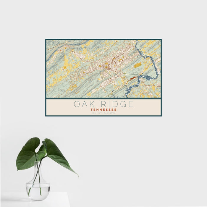 16x24 Oak Ridge Tennessee Map Print Landscape Orientation in Woodblock Style With Tropical Plant Leaves in Water