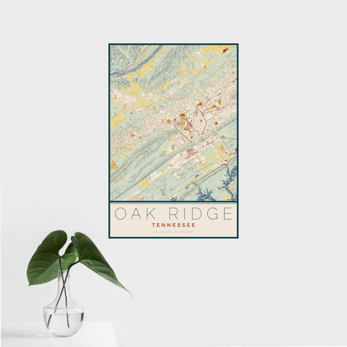 16x24 Oak Ridge Tennessee Map Print Portrait Orientation in Woodblock Style With Tropical Plant Leaves in Water