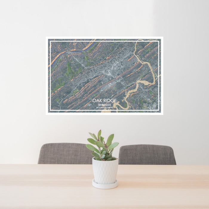 24x36 Oak Ridge Tennessee Map Print Lanscape Orientation in Afternoon Style Behind 2 Chairs Table and Potted Plant