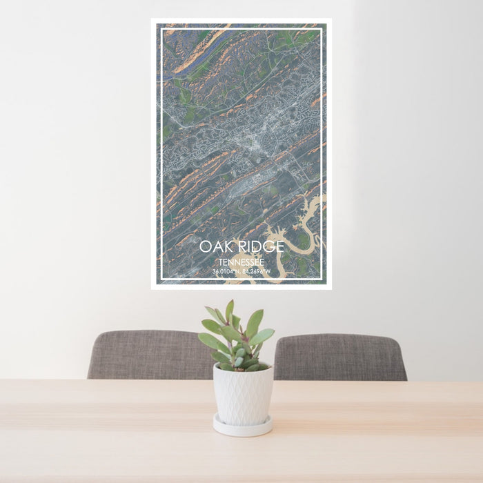 24x36 Oak Ridge Tennessee Map Print Portrait Orientation in Afternoon Style Behind 2 Chairs Table and Potted Plant