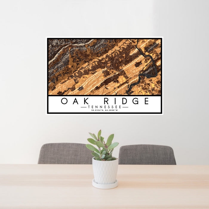 24x36 Oak Ridge Tennessee Map Print Lanscape Orientation in Ember Style Behind 2 Chairs Table and Potted Plant