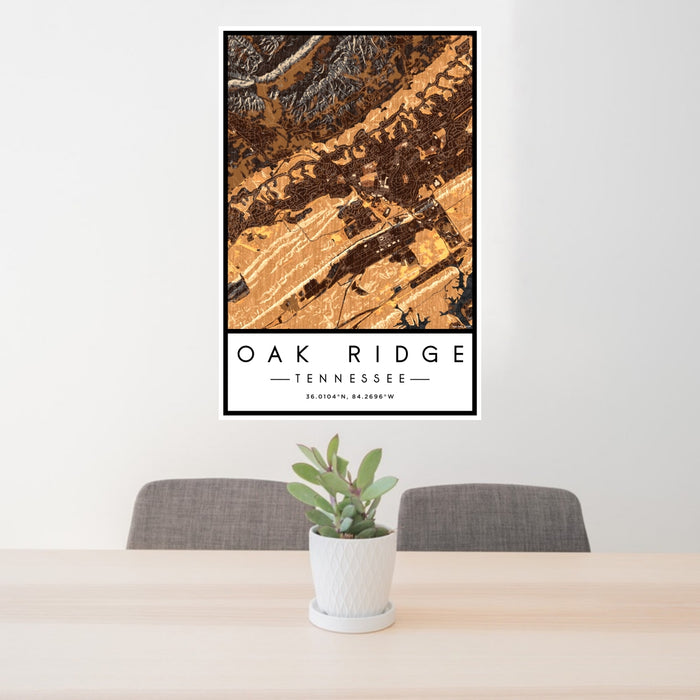 24x36 Oak Ridge Tennessee Map Print Portrait Orientation in Ember Style Behind 2 Chairs Table and Potted Plant