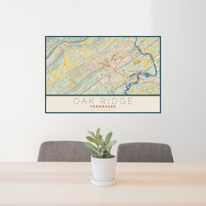 24x36 Oak Ridge Tennessee Map Print Lanscape Orientation in Woodblock Style Behind 2 Chairs Table and Potted Plant