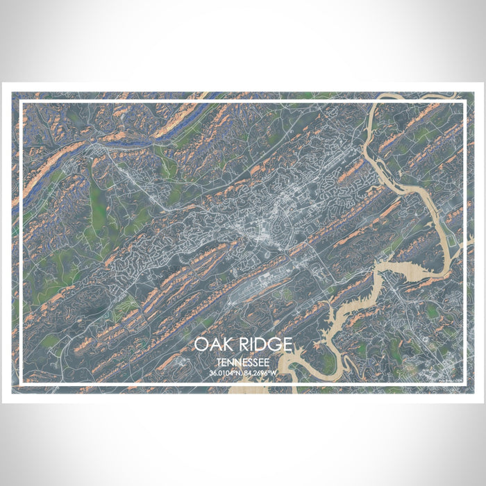 Oak Ridge Tennessee Map Print Landscape Orientation in Afternoon Style With Shaded Background