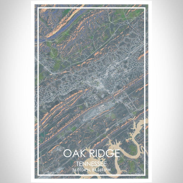 Oak Ridge Tennessee Map Print Portrait Orientation in Afternoon Style With Shaded Background