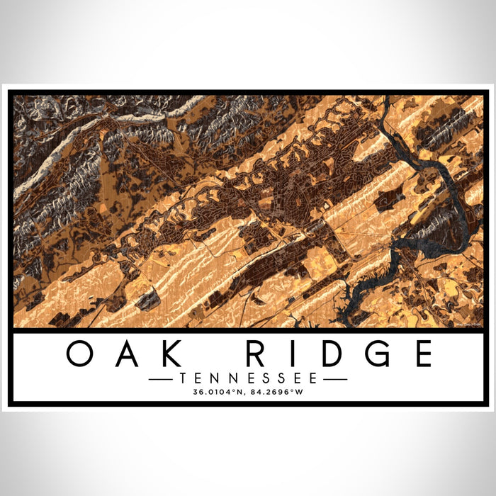 Oak Ridge Tennessee Map Print Landscape Orientation in Ember Style With Shaded Background