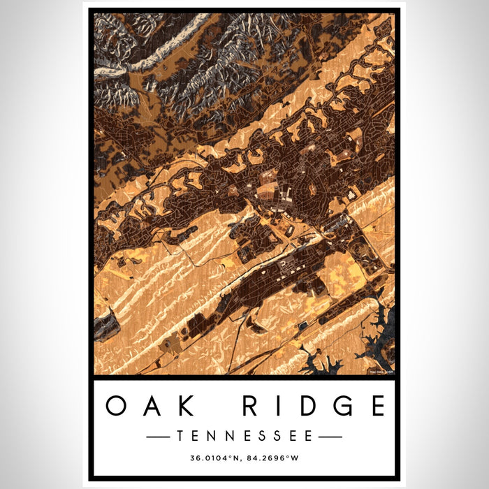 Oak Ridge Tennessee Map Print Portrait Orientation in Ember Style With Shaded Background