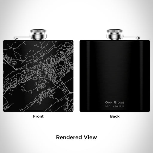 Rendered View of Oak Ridge Tennessee Map Engraving on 6oz Stainless Steel Flask in Black