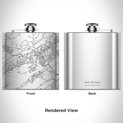 Rendered View of Oak Ridge Tennessee Map Engraving on 6oz Stainless Steel Flask