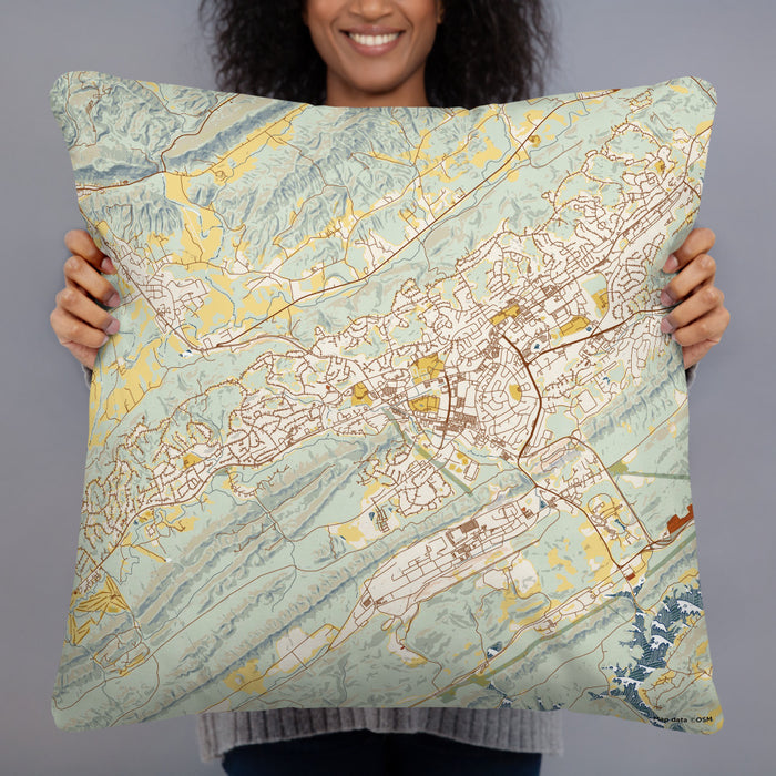 Person holding 22x22 Custom Oak Ridge Tennessee Map Throw Pillow in Woodblock