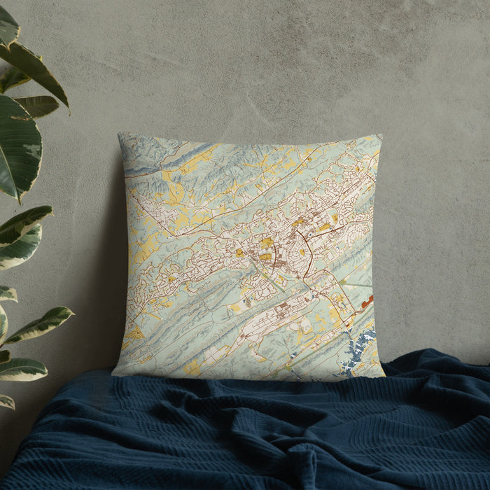 Custom Oak Ridge Tennessee Map Throw Pillow in Woodblock on Bedding Against Wall
