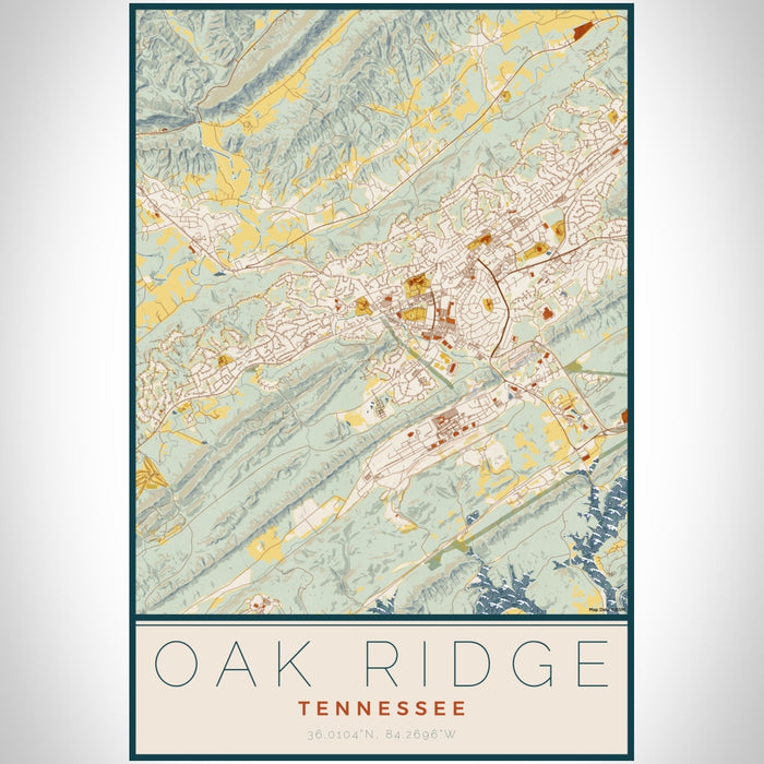 Oak Ridge Tennessee Map Print Portrait Orientation in Woodblock Style With Shaded Background