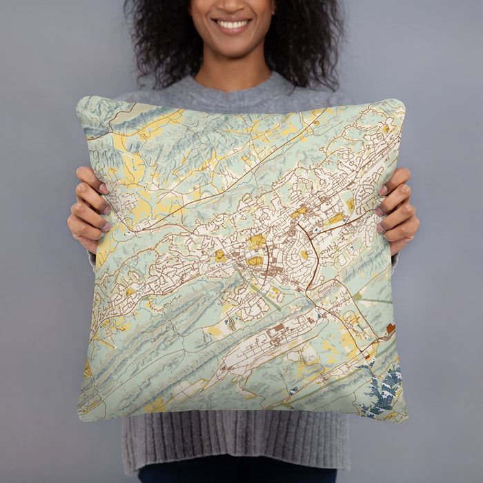 Person holding 18x18 Custom Oak Ridge Tennessee Map Throw Pillow in Woodblock