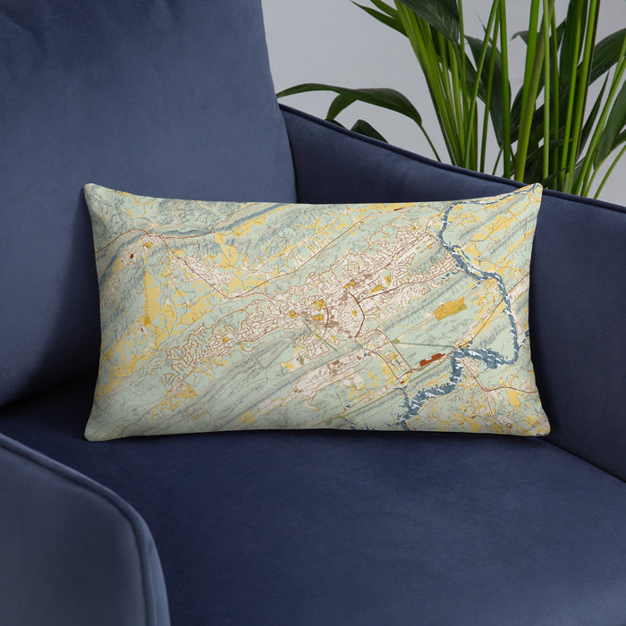 Custom Oak Ridge Tennessee Map Throw Pillow in Woodblock on Blue Colored Chair