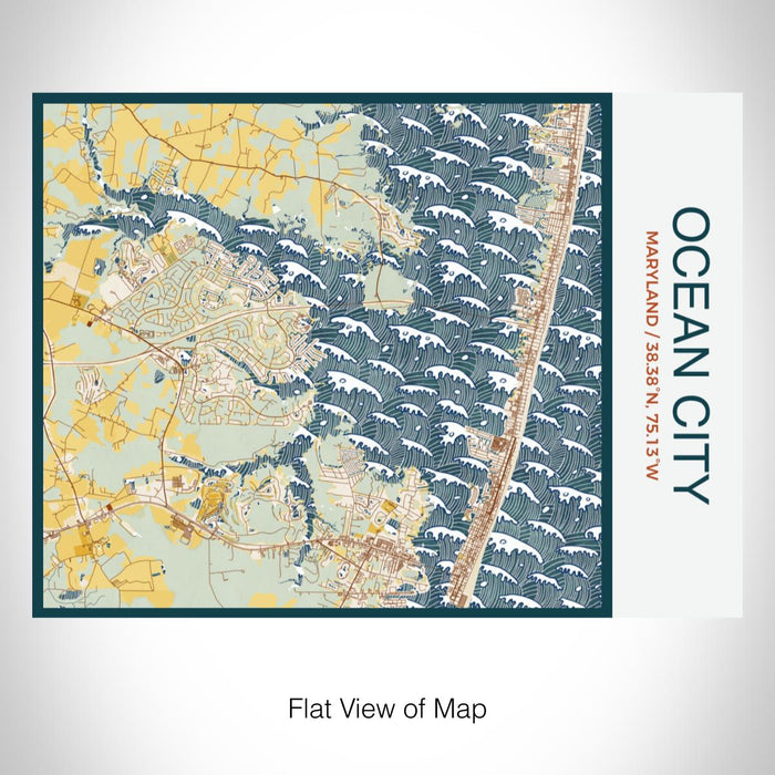Rendered View of Ocean City Maryland Map on 20oz Stainless Steel Insulated Bottle with Bamboo Top with printed woodblock style map