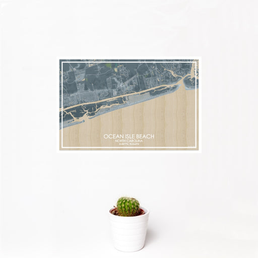 12x18 Ocean Isle Beach North Carolina Map Print Landscape Orientation in Afternoon Style With Small Cactus Plant in White Planter