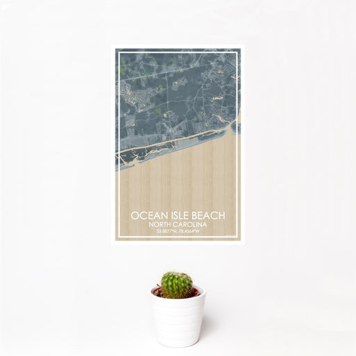 12x18 Ocean Isle Beach North Carolina Map Print Portrait Orientation in Afternoon Style With Small Cactus Plant in White Planter