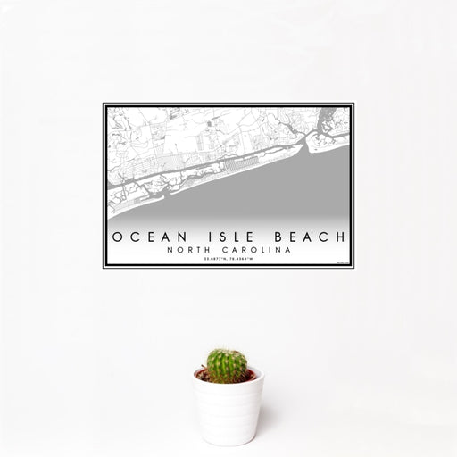 12x18 Ocean Isle Beach North Carolina Map Print Landscape Orientation in Classic Style With Small Cactus Plant in White Planter