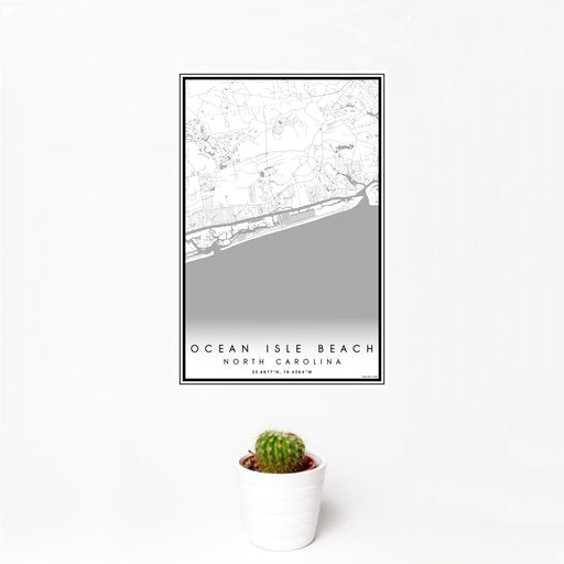 12x18 Ocean Isle Beach North Carolina Map Print Portrait Orientation in Classic Style With Small Cactus Plant in White Planter