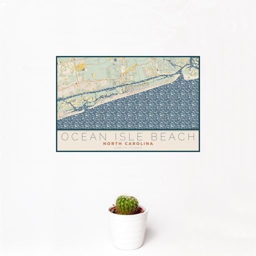 12x18 Ocean Isle Beach North Carolina Map Print Landscape Orientation in Woodblock Style With Small Cactus Plant in White Planter