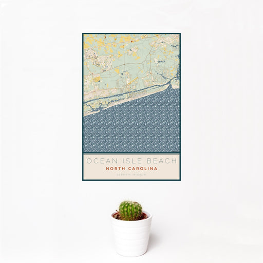 12x18 Ocean Isle Beach North Carolina Map Print Portrait Orientation in Woodblock Style With Small Cactus Plant in White Planter