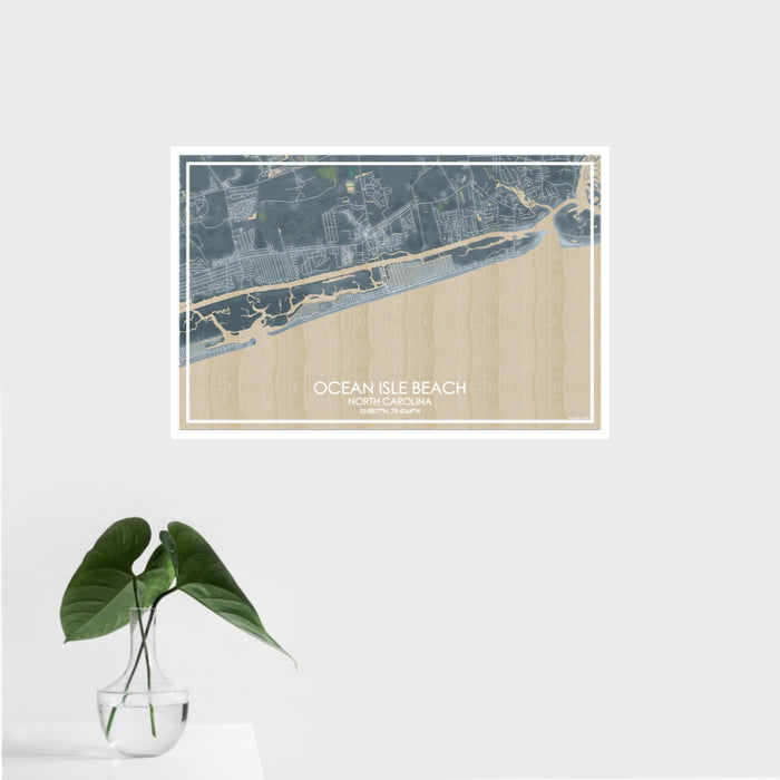 16x24 Ocean Isle Beach North Carolina Map Print Landscape Orientation in Afternoon Style With Tropical Plant Leaves in Water