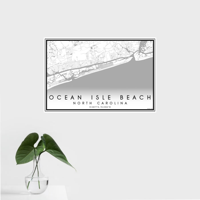 16x24 Ocean Isle Beach North Carolina Map Print Landscape Orientation in Classic Style With Tropical Plant Leaves in Water