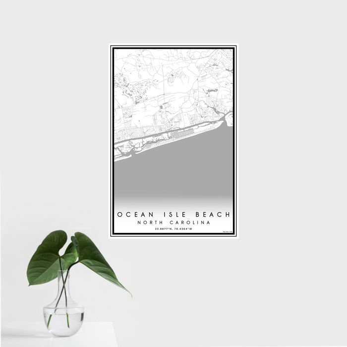 16x24 Ocean Isle Beach North Carolina Map Print Portrait Orientation in Classic Style With Tropical Plant Leaves in Water
