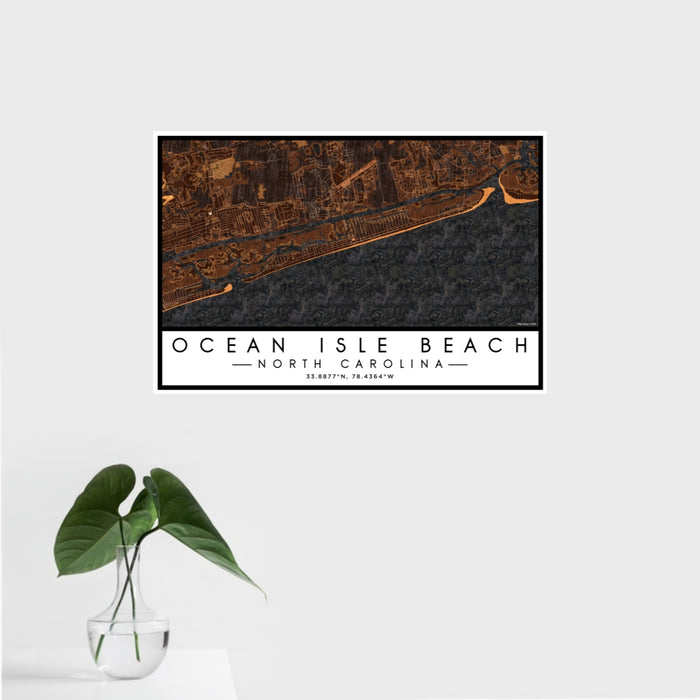 16x24 Ocean Isle Beach North Carolina Map Print Landscape Orientation in Ember Style With Tropical Plant Leaves in Water