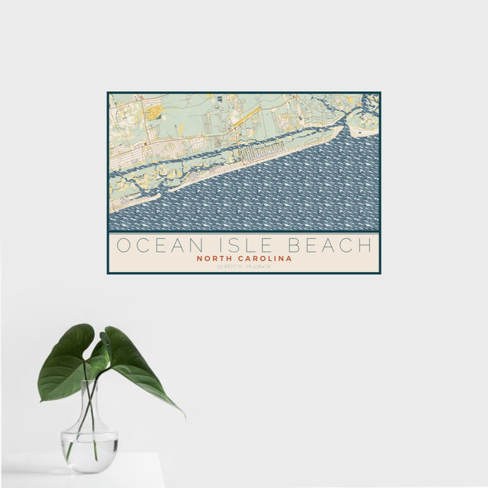 16x24 Ocean Isle Beach North Carolina Map Print Landscape Orientation in Woodblock Style With Tropical Plant Leaves in Water